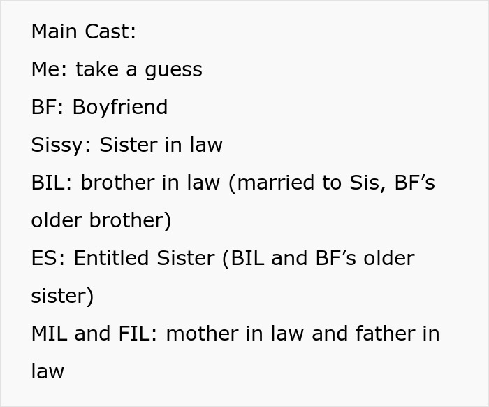 Text listing main characters in a family story involving sister, brother-in-law, boyfriend, and entitled sister.