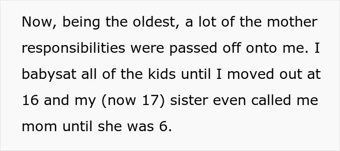 Text excerpt describing oldest sibling taking care of younger siblings and mother responsibilities passed onto them.