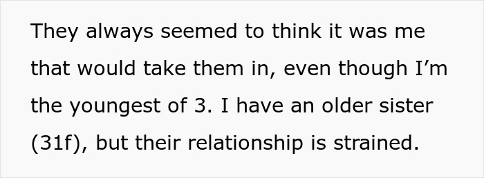 Text excerpt discussing family dynamics related to mom retirement plan, focusing on sibling relationships and responsibilities.
