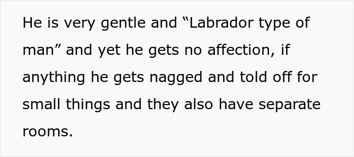 Text excerpt describing a gentle man receiving no affection and being nagged, relating to woman upset over boyfriend&rsquo;s affection with his mom.