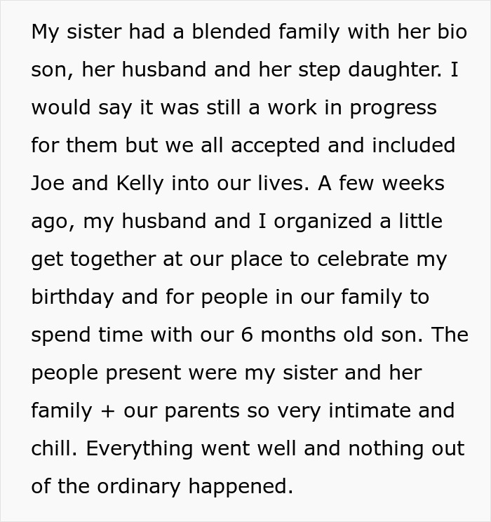 Text describing a brother, daughter, and family drama centered around blended family dynamics and intimate gatherings.