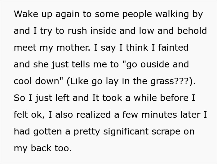 Teen faints and hurts herself, upset after mom says fall was too graceful to be real, with a scrape on her back.