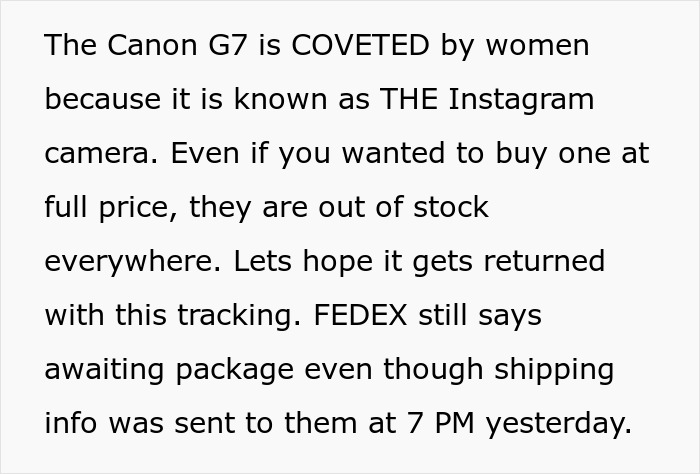 Text about Canon G7 camera being highly desired and out of stock, related to man catching friend stealing his BF's camera.