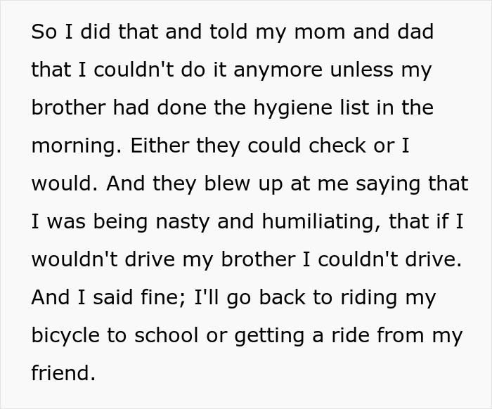 Text excerpt from a teen about creating a hygiene checklist for their brother before school drives, causing family conflict.