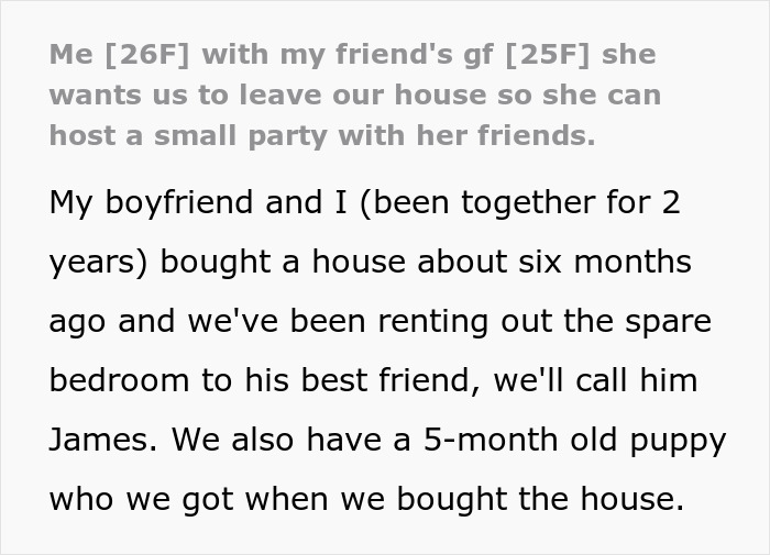 Text excerpt from woman accusing homeowners of ruining her party because they didn&rsquo;t leave their house.
