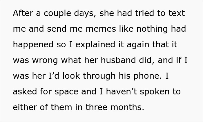 Text excerpt describing a woman cutting off a long-term friend after privacy violation suspicions were dismissed.