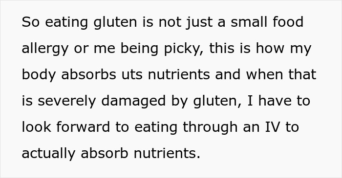 Text explaining gluten allergy and its severe impact on nutrient absorption requiring IV treatment due to damaged intestines. Text explaining gluten allergy and its severe impact on nutrient absorption requiring IV treatment due to damaged intestines.