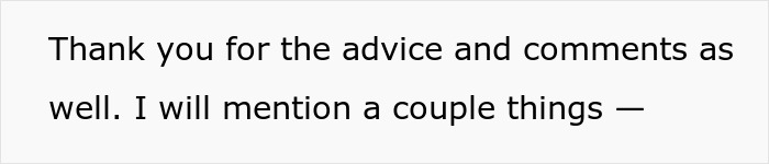 Text on plain background reading thank you for the advice and comments as well. I will mention a couple things - related to woman gives husband another chance lesson.