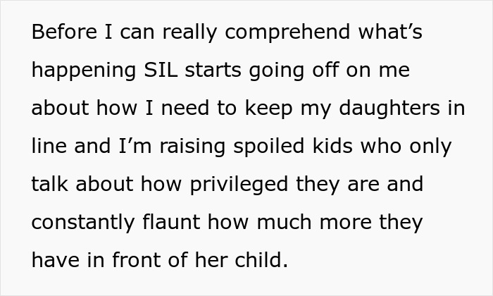 Text excerpt showing a sister-in-law upset about keeping daughters in line and kids discussing Easter gifts.