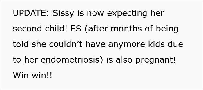 Text update about sister expecting second child and another person pregnant despite previous health concerns.