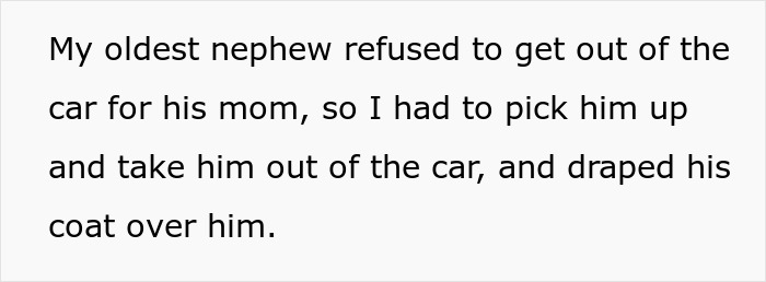 Text excerpt about oldest nephew refusing to get out of the car, mentioning sister threatens and fake crying.