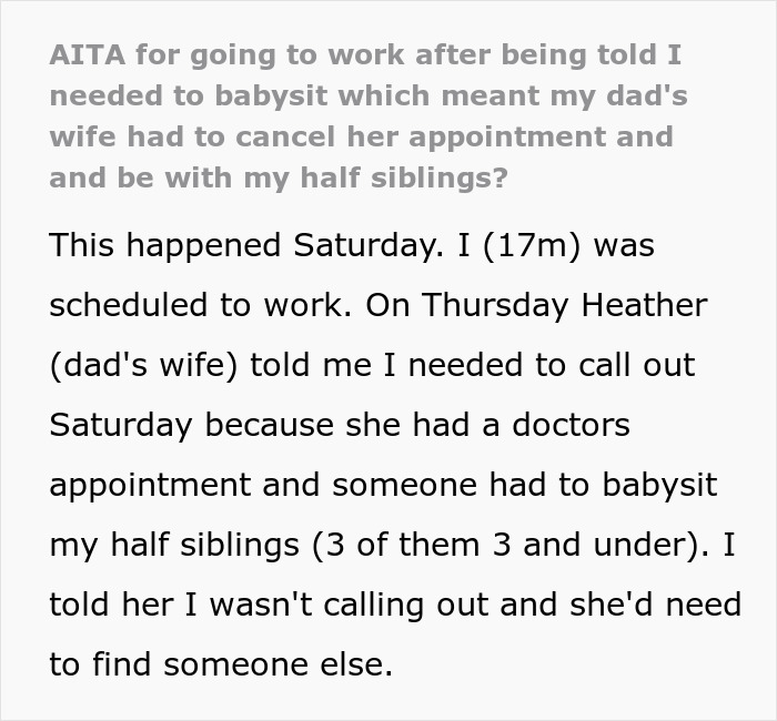 Teen refuses to babysit half siblings as couple expects help, secretly plans to ditch them for good.