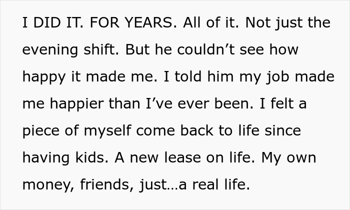 Text about a hurt working mom expressing frustration with her ignorant husband who doesn&rsquo;t see her happiness from work.