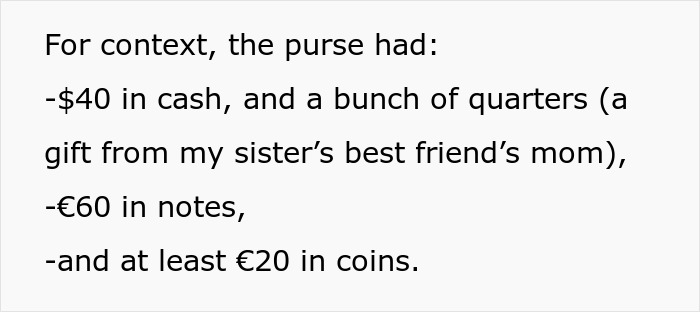 Text describing purse contents including cash and coins for context in purse fiasco story.