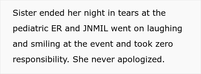Text excerpt about MIL ignoring child's severe allergy leading to ER visit, highlighting lack of responsibility and apology.