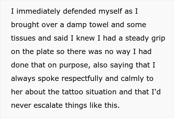 Text excerpt describing a man defending himself calmly about a tattoo dispute involving his late brother. Text excerpt describing a man defending himself calmly about a tattoo dispute involving his late brother.