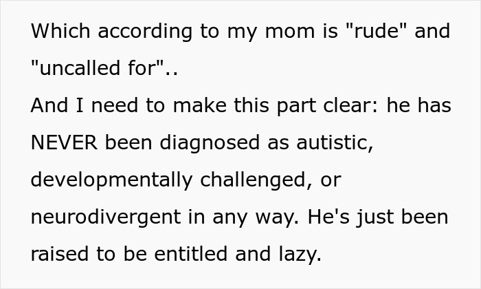 Text explaining a brother never diagnosed as disabled, described as lazy, entitled, and enabled by their mother.