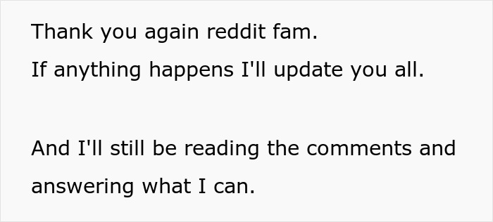 Text on a white background expressing gratitude to Reddit family and promising to update and respond to comments.