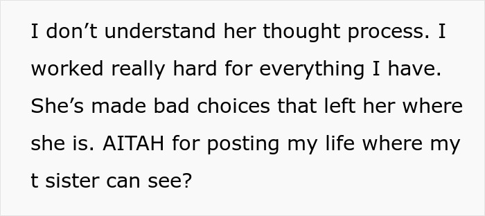 Text of woman rejecting sister’s hints for money while sibling rages about Ibiza pics and family struggles. Text of woman rejecting sister’s hints for money while sibling rages about Ibiza pics and family struggles.