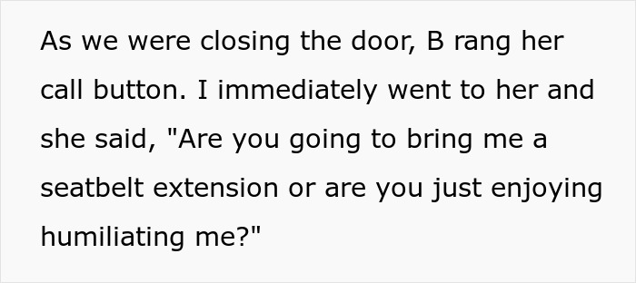 Flight attendant reflects on not offering overweight woman a seatbelt extender immediately during flight. Flight attendant reflects on not offering overweight woman a seatbelt extender immediately during flight.