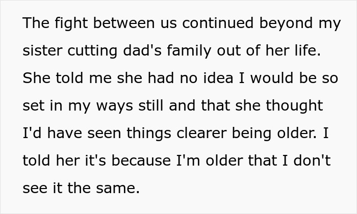 Text describing a bride refusing to let mom's hubby walk her down the aisle, with sister criticizing her decision.