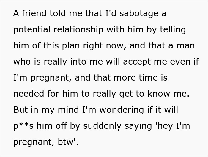 Woman debates hiding artificial insemination plans from date, reflecting on motherhood and relationship concerns.