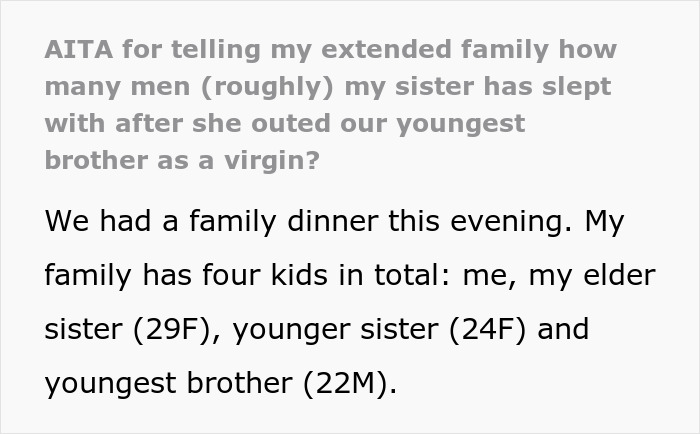 Text excerpt discussing eldest sister’s promiscuous past revealed after mocking youngest brother for being a virgin. Text excerpt discussing eldest sister’s promiscuous past revealed after mocking youngest brother for being a virgin.