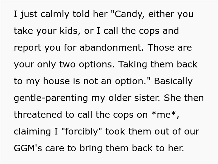 Text showing a woman threatening to call the cops over a family dispute involving children and abandonment claims.