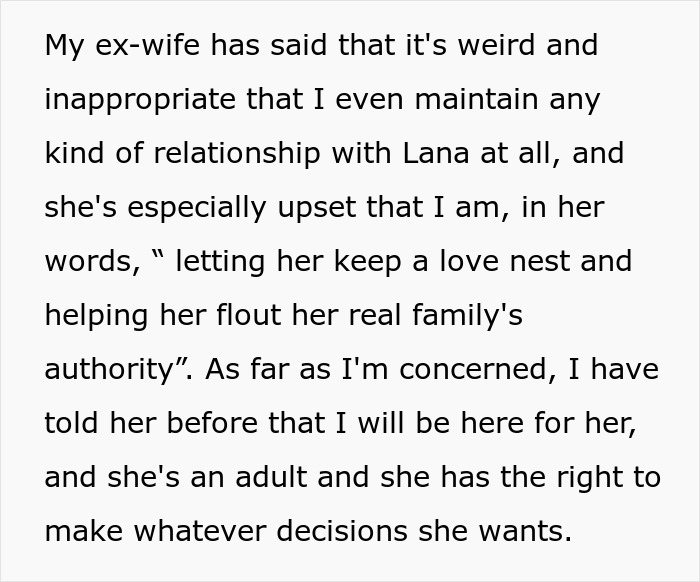 Text discussing a mom furious about her ex allowing stepdaughter to date and maintain a love nest despite bio-dad&rsquo;s refusal.