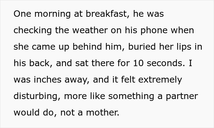 Text describing a woman feeling uneasy about her boyfriend being affectionate with his mom, questioning if she is overthinking.