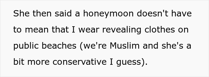 Text excerpt discussing a mil-criticizing-bikini-suitcase remark about modesty on public beaches during a honeymoon.