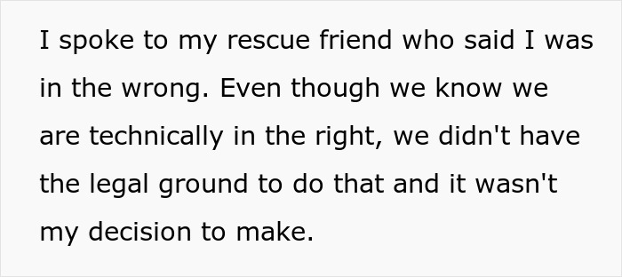 Text excerpt about a rescue friend discussing legal and ethical issues in neutering cat owners' drama.