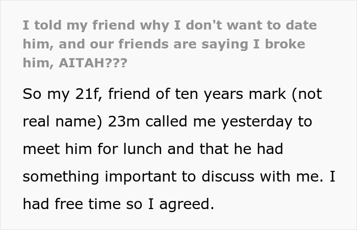 Guy tells old friend she should date him instead of her boyfriend because he's tall, emotional reaction after rejection.