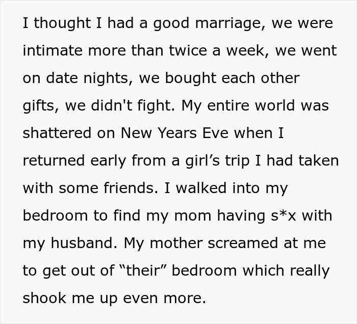 Alt text: Woman catches her mom sleeping with her husband, exposing a long-term secret affair and shattered marriage trust.