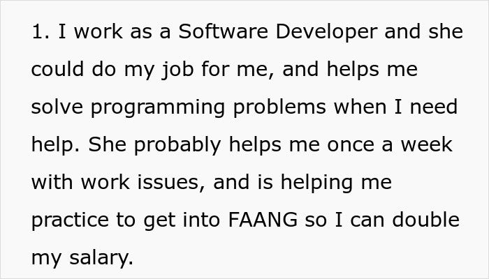 Text excerpt from a software developer explaining how his wife helps him solve programming problems and supports his career goals.