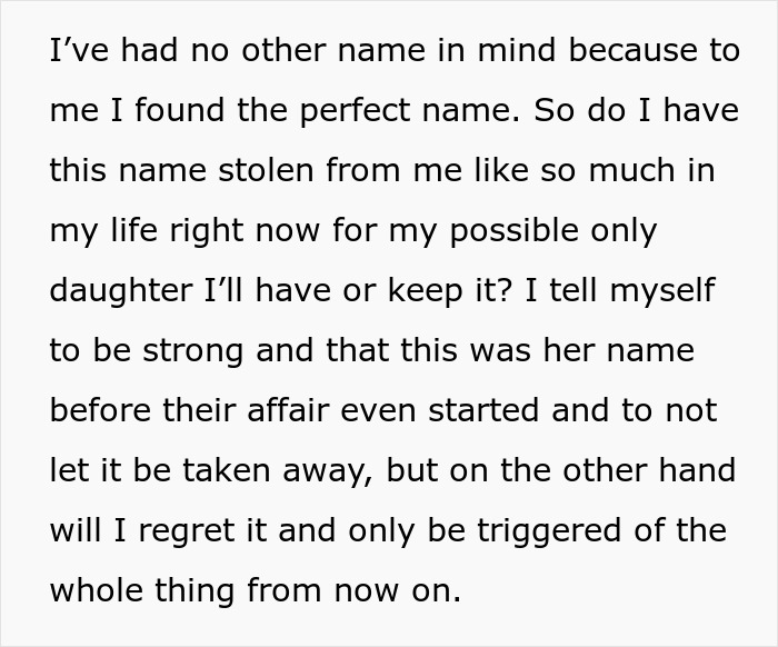 ALT text: Pregnant wife conflicted over using dream baby name after discovering husband's affair with woman sharing the same name.