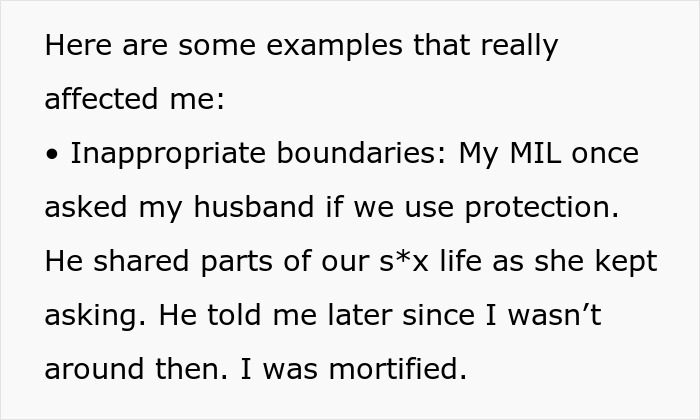 Text showing a person describing inlaws pushing boundaries with inappropriate questions affecting their marriage and divorce.