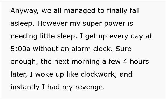 Text describing waking up at 5 AM and getting revenge on noisy hotel guests disturbing neighbors. Text describing waking up at 5 AM and getting revenge on noisy hotel guests disturbing neighbors.