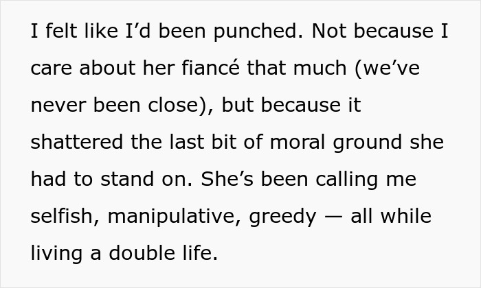 Text excerpt about a woman feeling betrayed by her sister who refuses to contribute $30K for wedding costs.