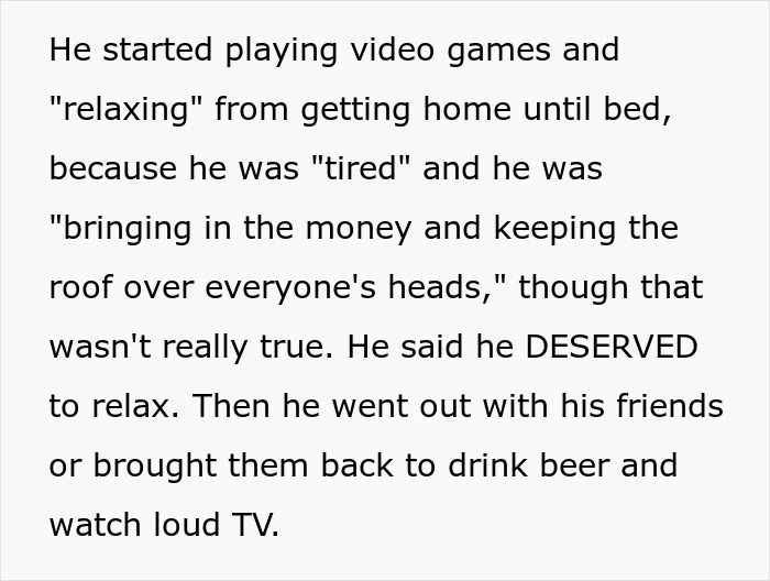 Text on screen describing a man playing video games and relaxing while accused of avoiding family responsibilities. Text on screen describing a man playing video games and relaxing while accused of avoiding family responsibilities.