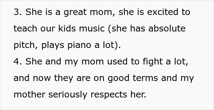 Text excerpt showing a man describing his wife as a great mom with musical talent, highlighting choice by brains over heart.