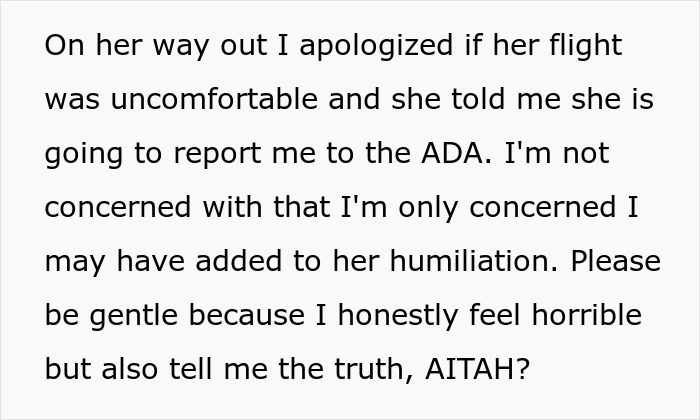 Flight attendant reflects on whether not offering seatbelt extender to overweight woman was wrong and caused humiliation. Flight attendant reflects on whether not offering seatbelt extender to overweight woman was wrong and caused humiliation.