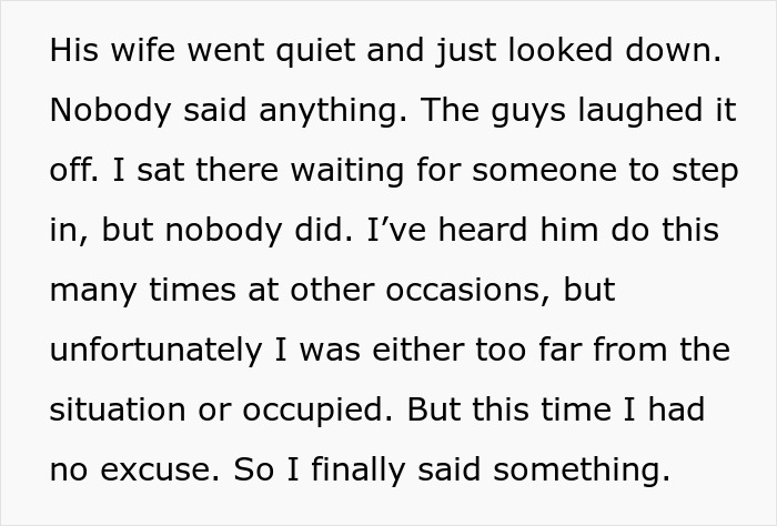 Text showing a lady standing up for cousin&rsquo;s wife against rude hubby while men in the family laugh and stay silent.