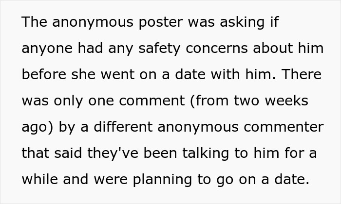 Text excerpt discussing anonymous posts about friends' husband dating the same guy and safety concerns before a date.