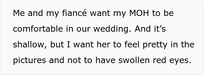 Text discussing bride and fiancé wanting maid of honor comfortable at wedding, related to refusing service dog. Text discussing bride and fiancé wanting maid of honor comfortable at wedding, related to refusing service dog.