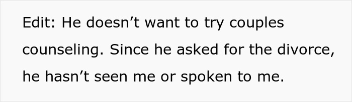 Text excerpt about husband feeling anxious and asking for divorce during wife's IVF, refusing couples counseling and communication.