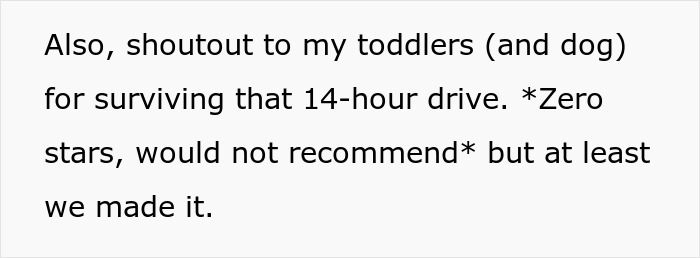 Text excerpt about surviving a 14-hour drive with toddlers and dog, highlighting family challenges amid petty drama risks.