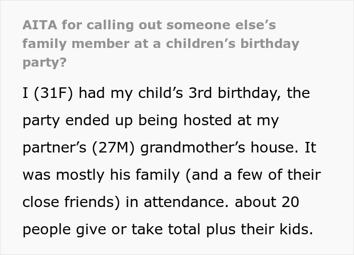 Text excerpt from a story about a lady standing up for cousin's wife against a rude husband at a family event.