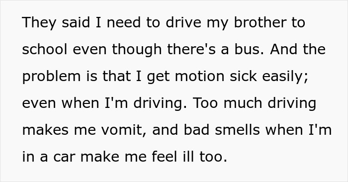 Text about a teen&rsquo;s hygiene checklist for brother before school drives and issues with motion sickness and bad smells.