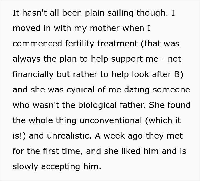 Text discussing a woman&rsquo;s fertility treatment, dating challenges, and plans for artificial insemination.